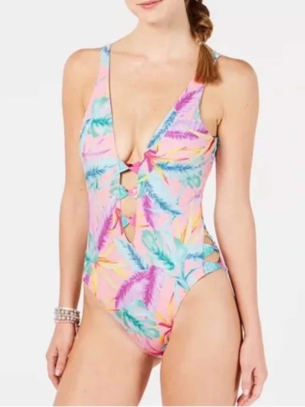 NWT Bar III Pink Tropical Leaf Cutout One-Piece Swimsuit